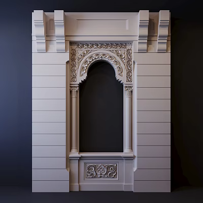 Ornate Architectural Arched Doorway With Carved Decorations And Vertical Striped Wall 3d model