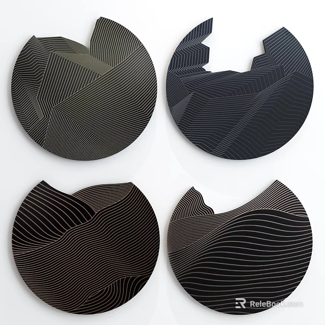 Modern Black Gold Circular Wall Decor With Geometric Lines And Wavy Patterns 3d model 
