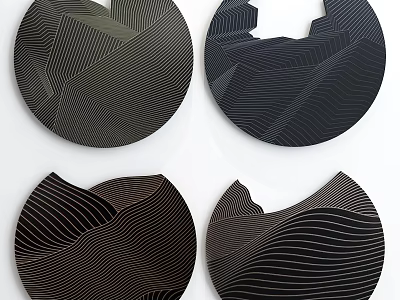 Modern Black Gold Circular Wall Decor With Geometric Lines And Wavy Patterns 3d model
