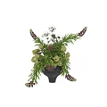 Natural Flower Arrangement in Dark Ceramic Vase with Green Leaves and Purple Blooms