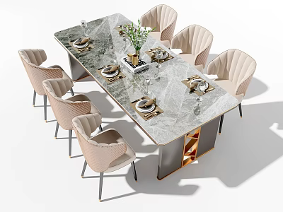 Elegant Modern Dining Table Set With Marble Top And Upholstered Chairs And Table Setting 3d model