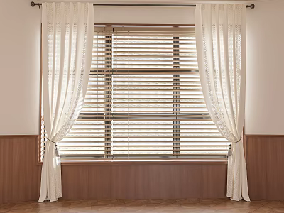 White Sheer Curtains With Lace Trim And Window Blinds In Wooden Wall Room 3d model