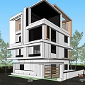 Modern Style Detached Villa With Large Glass Windows Gray Exterior And Green Lawn