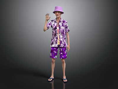 Elderly man wearing purple hat and purple patterned shirt waving hand against gray background 3d model