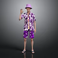 Elderly man wearing purple hat and purple patterned shirt waving hand against gray background