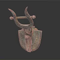 Ancient Metal Weapon with Horned Top Design Decorative Shield Structure and Intricate Carvings