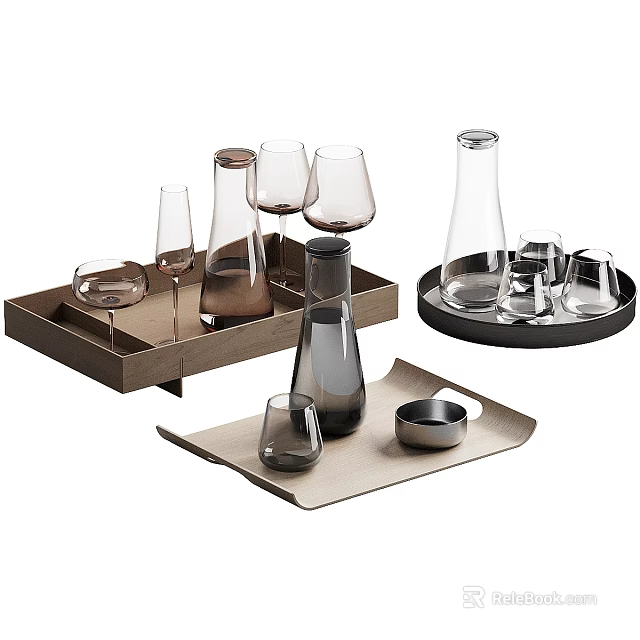 Stylish Wine Bottles And Wine Glasses On Modern Wooden And Black Trays With Elegant Design 3d model 