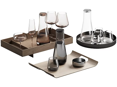 Stylish Wine Bottles And Wine Glasses On Modern Wooden And Black Trays With Elegant Design 3d model