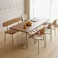 Modern Dining Table Set With Wooden Top Metal Legs Bench Chairs And Fruits By Blinds
