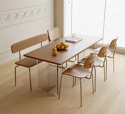 Modern Dining Table Set With Wooden Top Metal Legs Bench Chairs And Fruits By Blinds 3d model