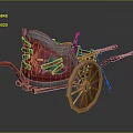 Vintage Chariot 3D Model with Wooden Spoked Wheels and Red and Silver Metal Decoration