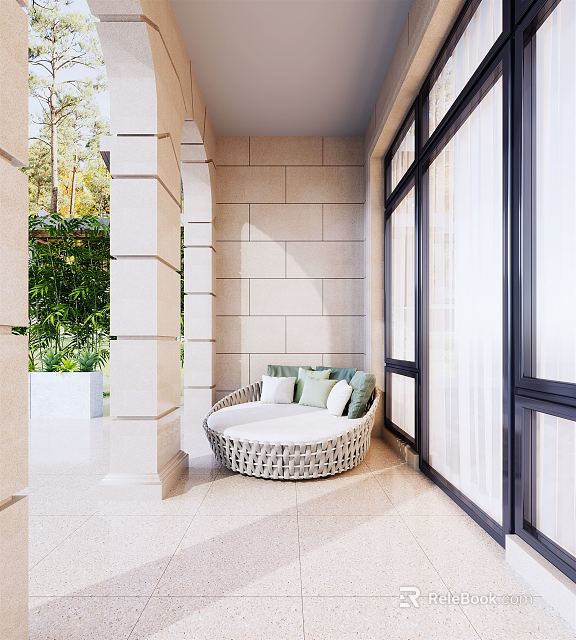 Garden Landscape Patio With Wicker Sofa Green Plants Stone Columns And Large Windows 3d model 