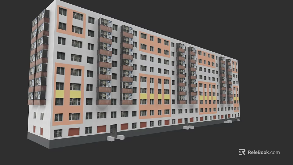 Modern Multi story Residential Building with Orange White Facade and Yellow Accents Balconies and Windows 3d model 