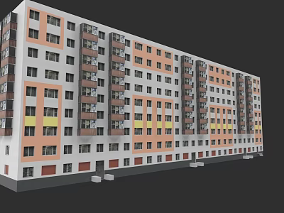Modern Multi story Residential Building with Orange White Facade and Yellow Accents Balconies and Windows 3d model