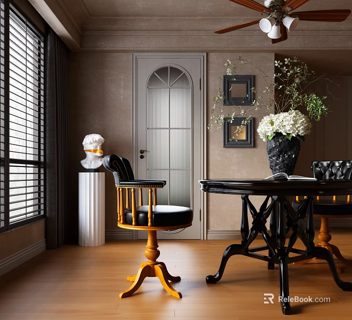 Elegant Restaurant Interior With Dark Wooden Table Black Leather Chairs And White Flower Bouquet 3d model 