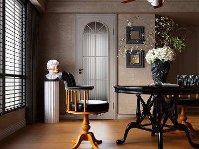 Elegant Restaurant Interior With Dark Wooden Table Black Leather Chairs And White Flower Bouquet 3d model