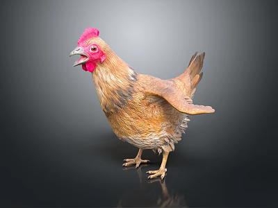 Realistic 3D Model Of Brown Chicken With Red Comb And Spread Wings 3d model