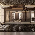 Oriental Style Clubhouse Interior Design With Water Pond Stones Wooden Screens And Carved Ceiling