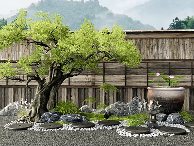 Traditional Japanese Garden With Large Tree Bamboo Fence Rocks And Clay Pot 3d model
