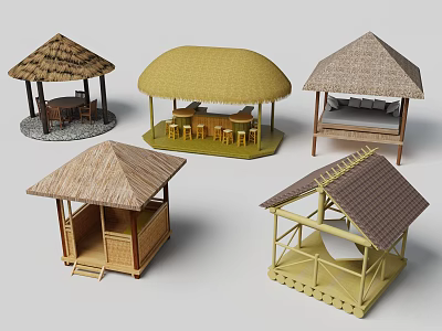 Outdoor Thatch Roof Gazebo Models With Wooden Structures And Various Designs 3d model