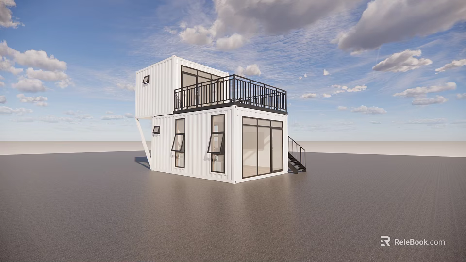 White Container Converted Detached Villa With Black Balcony Large Windows And Staircase 3d model 