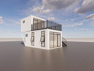 White Container Converted Detached Villa With Black Balcony Large Windows And Staircase 3d model