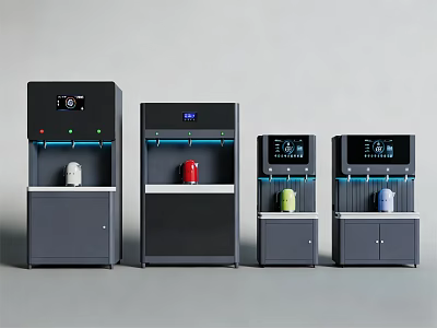 Modern Household Water Dispensers With Colorful Cups And Digital Control Panels 3d model