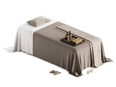 Comfortable Massage Bed With Beige Sheet Pillow Oil Bottles On Tray And Slippers 3d model