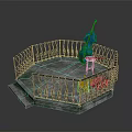 Round Stone Platform Scene With Black Iron Railing Blue Cello Red Stool And Dog Bed