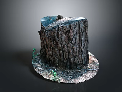 Natural Wooden Tree Stump with Stone Base Detailed Bark Texture and Small Green Plants 3d model
