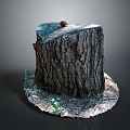 Natural Wooden Tree Stump with Stone Base Detailed Bark Texture and Small Green Plants