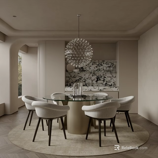 Elegant Modern Restaurant Interior With Round Glass Dining Table White Chairs And Patterned Backsplash 3d model