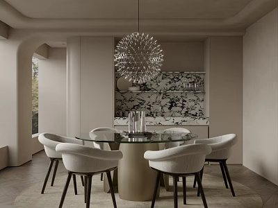 Elegant Modern Restaurant Interior With Round Glass Dining Table White Chairs And Patterned Backsplash 3d model