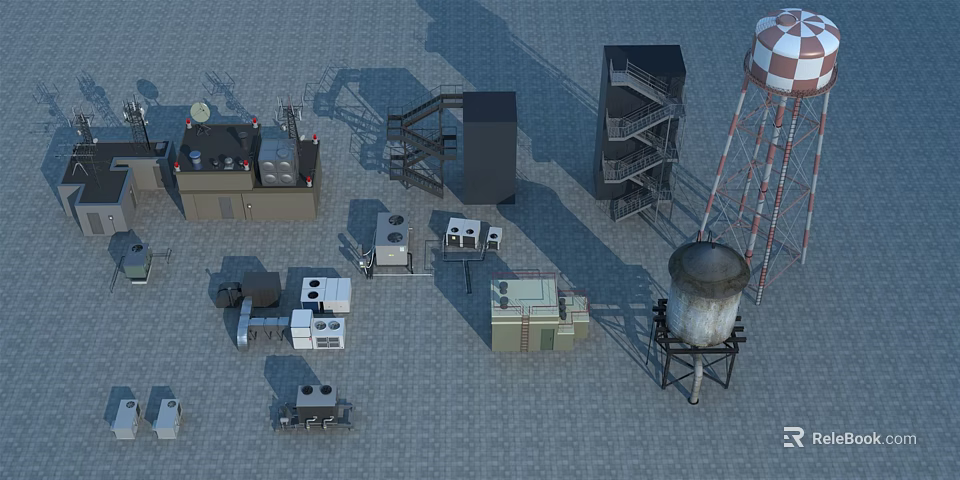 Industrial Equipment Arrangement With Water Tower Control Cabinets Staircases And Generators 3d model 