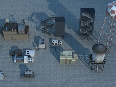 Industrial Equipment Arrangement With Water Tower Control Cabinets Staircases And Generators 3d model