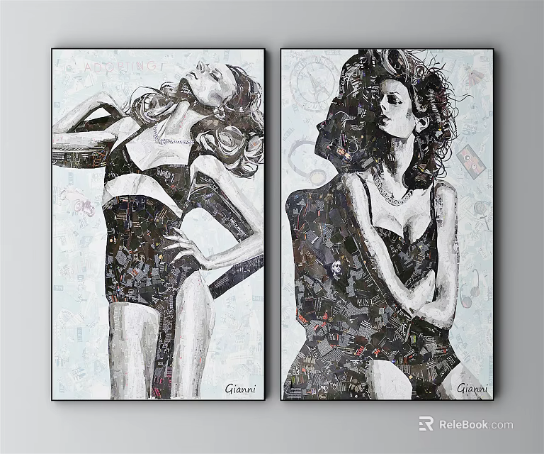 Two Panel Women Figure Paintings With Graceful Poses And Abstract Art Backgrounds 3d model 
