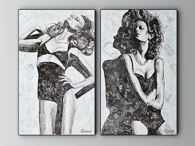 Two Panel Women Figure Paintings With Graceful Poses And Abstract Art Backgrounds 3d model