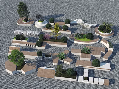 Modern Landscape Seats with Geometric Shapes Wooden Stone Structures and Green Plants in Outdoor Garden 3d model