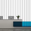 Modern Reception Desk With Two Laptops Potted Plant And Gray Blue Panels 3d model