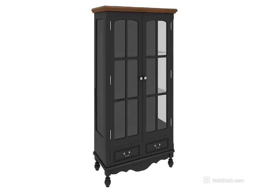Stylish Black Wine Cabinet With Glass Doors Wooden Top Drawers And Wheels 3d model 