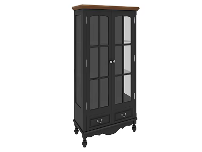 Stylish Black Wine Cabinet With Glass Doors Wooden Top Drawers And Wheels 3d model