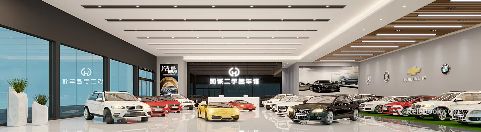 Spacious Used Car Showroom Interior Displaying Various Branded Car Models 3d model 