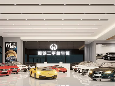 Spacious Used Car Showroom Interior Displaying Various Branded Car Models 3d model