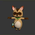 Cute 3D Cartoon Animal Character With Brown White Fur Red Ears Green Bowtie And Small Bag