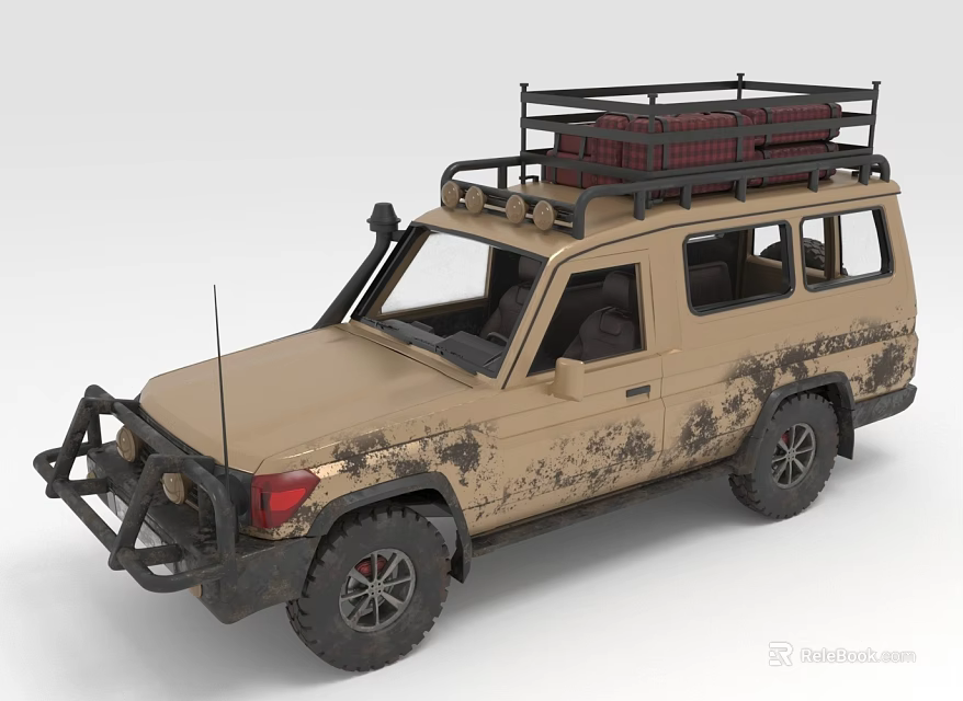 Beige Off Road Vehicle With Roof Rack Cargo Mud Splatters And Front Brush Guard 3d model 