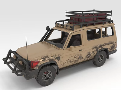 Beige Off Road Vehicle With Roof Rack Cargo Mud Splatters And Front Brush Guard 3d model