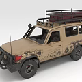 Beige Off Road Vehicle With Roof Rack Cargo Mud Splatters And Front Brush Guard