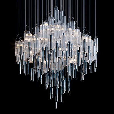 Modern Chandelier Featuring Transparent Glass and Metal Long Tubes Artistically Hanging and Illuminating 3d model