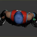 Character Wearing Red Saturday 6 Vest Blue Cap White Mask Black Pants Green Sneakers