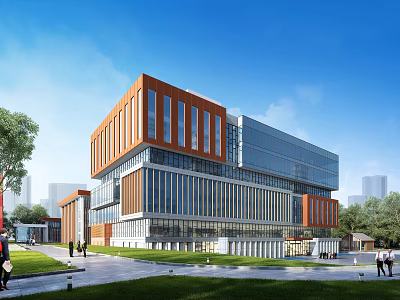 Modern Office Building With Orange And Glass Facade Green Lawns Trees And People Walking 3d model